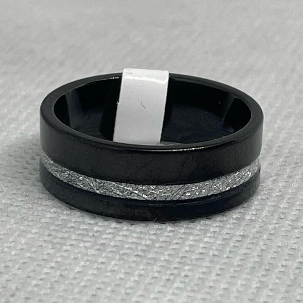 8mm Black Tungsten With Silver Meteorite Pattern Inlay Band Ring Size 10